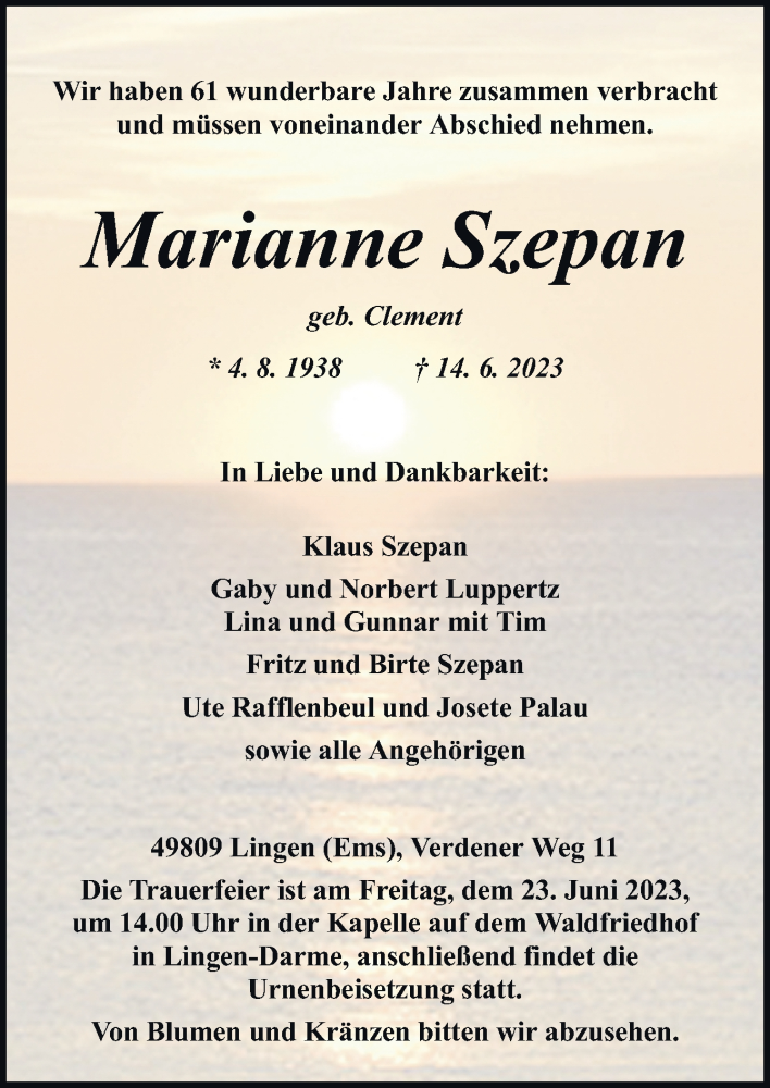  Traueranzeige für Marianne Szepan vom 17.06.2023 aus Neue Osnabrücker Zeitung GmbH & Co. KG