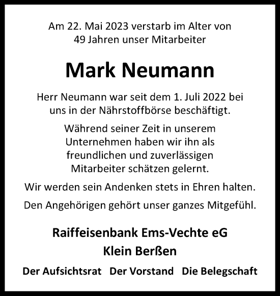 Traueranzeige von Mark Neumann von Neue Osnabrücker Zeitung GmbH & Co. KG