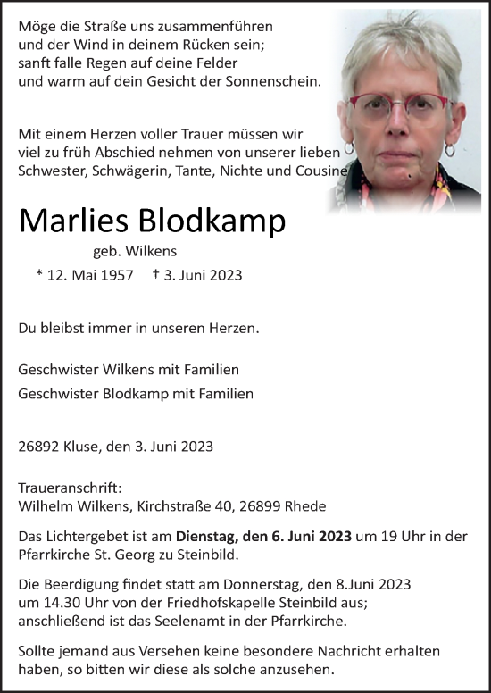 Traueranzeige von Marlies Blodkamp von Neue Osnabrücker Zeitung GmbH & Co. KG