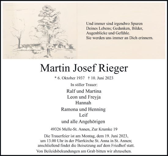 Traueranzeige von Martin Josef Rieger von Neue Osnabrücker Zeitung GmbH & Co. KG