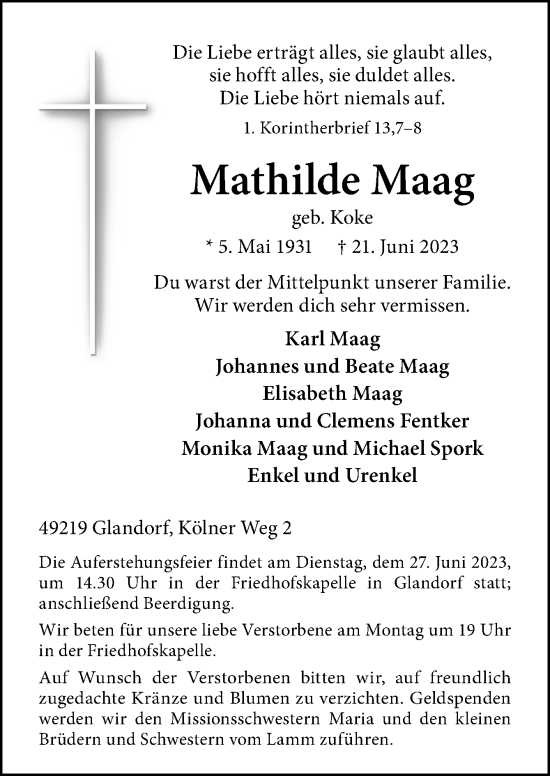 Traueranzeige von Mathilde Maag von Neue Osnabrücker Zeitung GmbH & Co. KG