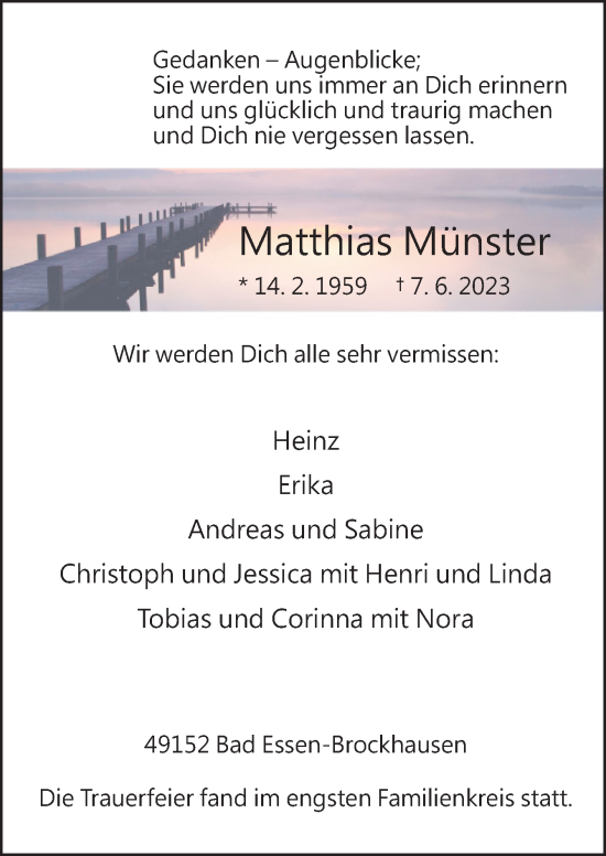 Traueranzeige von Matthias Münster von Neue Osnabrücker Zeitung GmbH & Co. KG