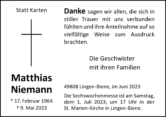 Traueranzeige von Matthias Niemann von Neue Osnabrücker Zeitung GmbH & Co. KG