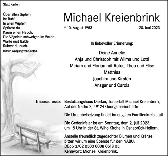 Traueranzeige von Michael Kreienbrink von Neue Osnabrücker Zeitung GmbH & Co. KG