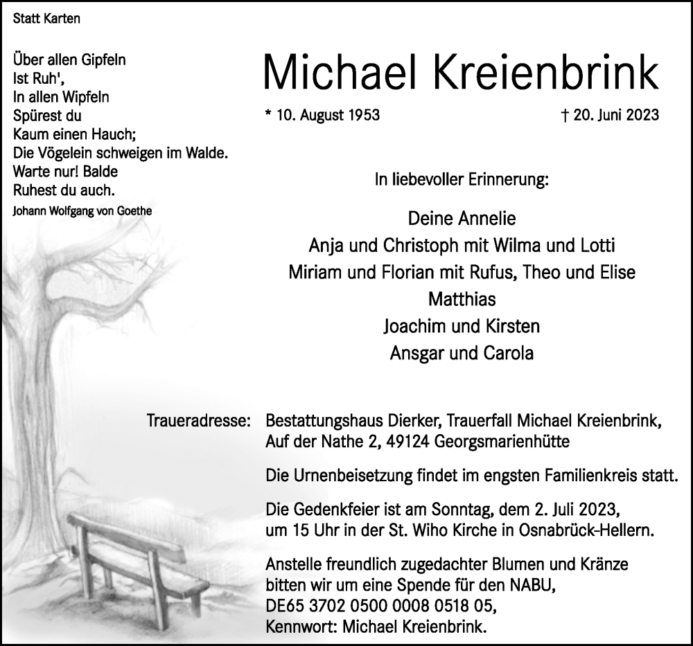  Traueranzeige für Michael Kreienbrink vom 28.06.2023 aus Neue Osnabrücker Zeitung GmbH & Co. KG