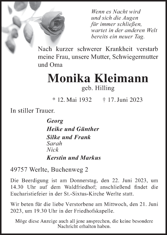  Traueranzeige für Monika Kleimann vom 20.06.2023 aus Neue Osnabrücker Zeitung GmbH & Co. KG