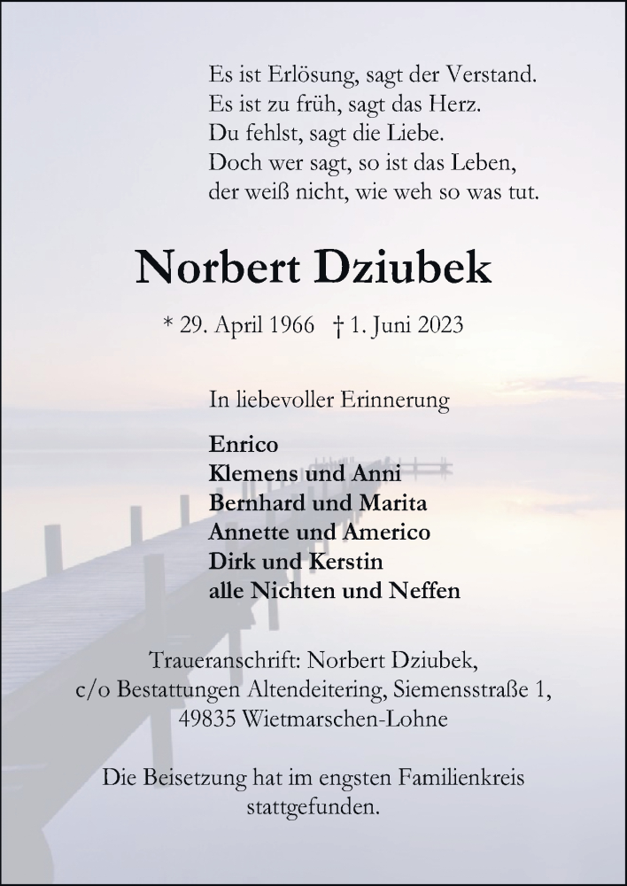  Traueranzeige für Norbert Dziubek vom 12.06.2023 aus Neue Osnabrücker Zeitung GmbH & Co. KG