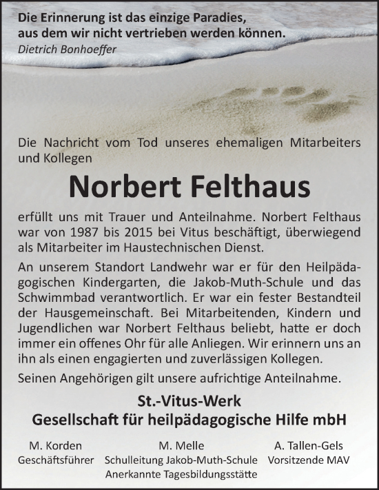 Traueranzeige von Norbert Felthaus von Neue Osnabrücker Zeitung GmbH & Co. KG