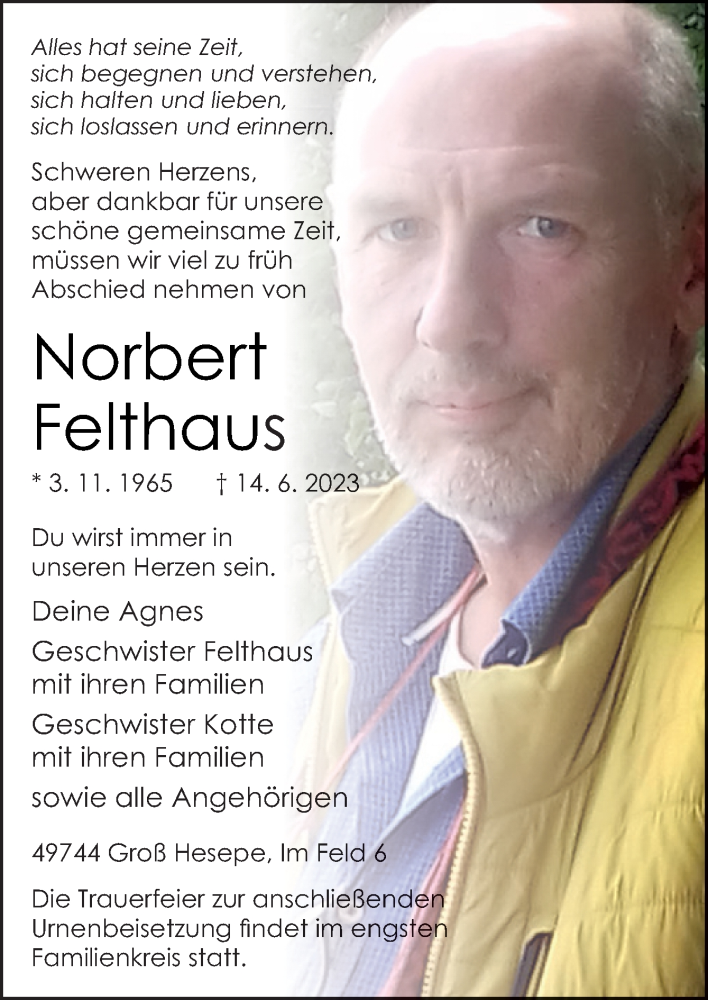  Traueranzeige für Norbert Felthaus vom 17.06.2023 aus Neue Osnabrücker Zeitung GmbH & Co. KG