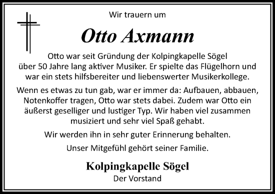 Traueranzeige von Otto Axmann von Neue Osnabrücker Zeitung GmbH & Co. KG