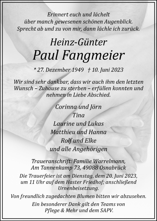 Traueranzeige von Paul Fangmeier von Neue Osnabrücker Zeitung GmbH & Co. KG