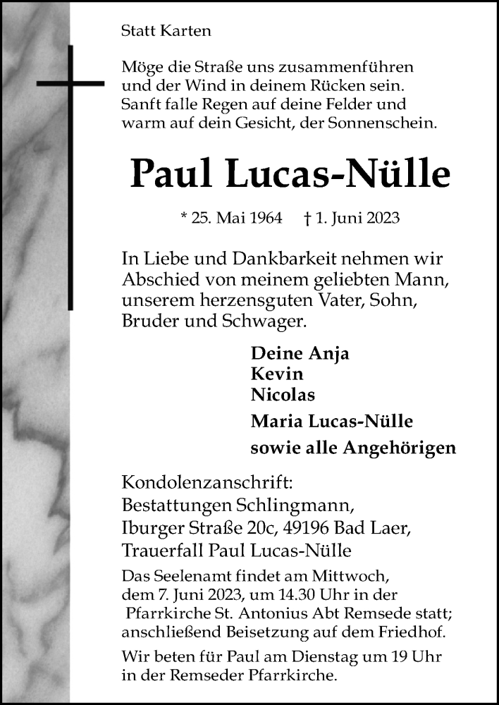  Traueranzeige für Paul Lucas-Nülle vom 03.06.2023 aus Neue Osnabrücker Zeitung GmbH & Co. KG