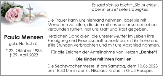 Traueranzeige von Paula Mensen von Neue Osnabrücker Zeitung GmbH & Co. KG