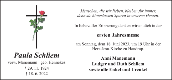 Traueranzeige von Paula Schliem von Neue Osnabrücker Zeitung GmbH & Co. KG