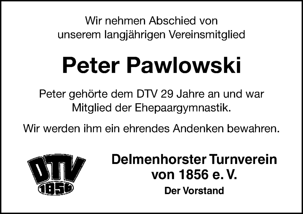  Traueranzeige für Peter Pawlowski vom 01.06.2023 aus DK Medien GmbH & Co. KG