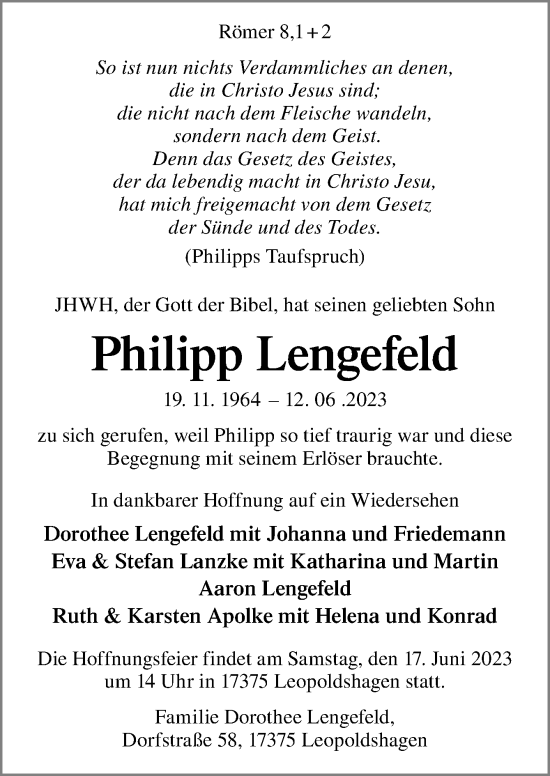 Traueranzeige von Philipp Lengefeld von Neue Osnabrücker Zeitung GmbH & Co. KG