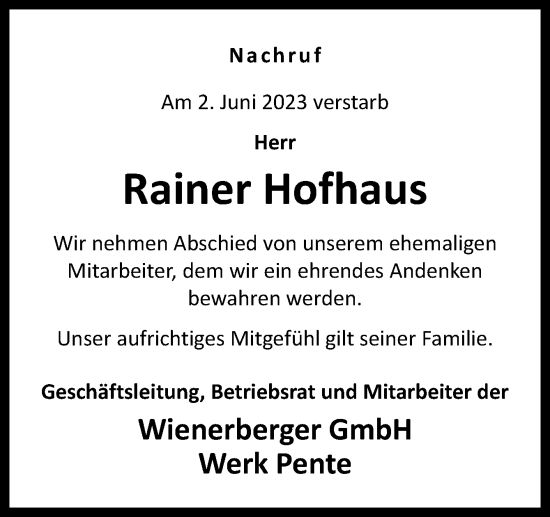 Traueranzeige von Rainer Hofhaus von Neue Osnabrücker Zeitung GmbH & Co. KG