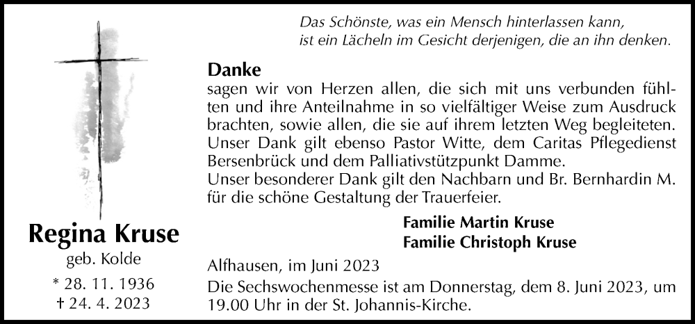  Traueranzeige für Regina Kruse vom 03.06.2023 aus Neue Osnabrücker Zeitung GmbH & Co. KG