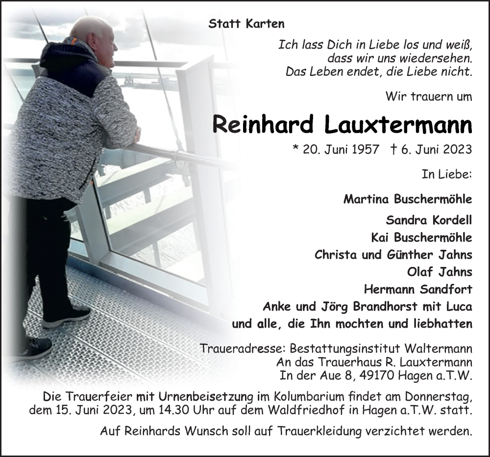  Traueranzeige für Reinhard Lauxtermann vom 10.06.2023 aus Neue Osnabrücker Zeitung GmbH & Co. KG