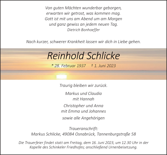 Traueranzeige von Reinhold Schlicke von Neue Osnabrücker Zeitung GmbH & Co. KG