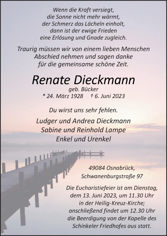 Traueranzeige von Renate Dieckmann von Neue Osnabrücker Zeitung GmbH & Co. KG