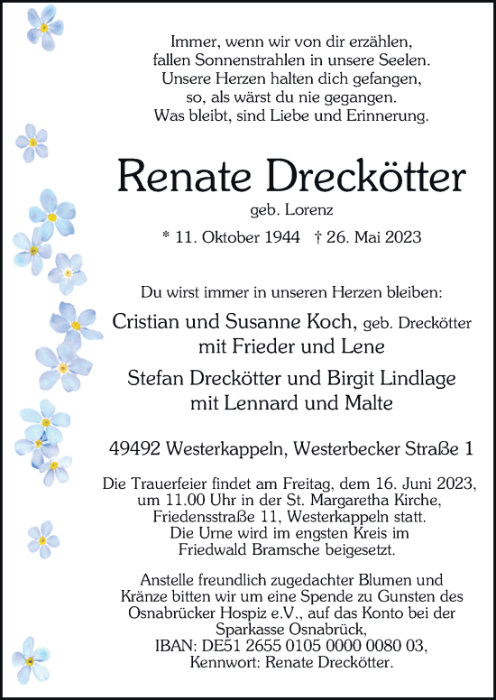 Traueranzeige von Renate Dreckötter von Neue Osnabrücker Zeitung GmbH & Co. KG