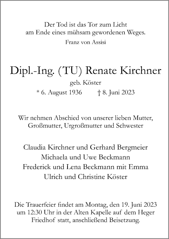 Traueranzeige von Renate Kirchner von Neue Osnabrücker Zeitung GmbH & Co. KG