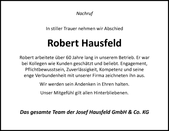 Traueranzeige von Robert Hausfeld von Neue Osnabrücker Zeitung GmbH & Co. KG