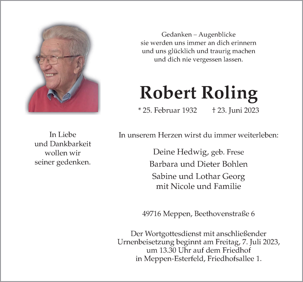  Traueranzeige für Robert Roling vom 29.06.2023 aus Neue Osnabrücker Zeitung GmbH & Co. KG