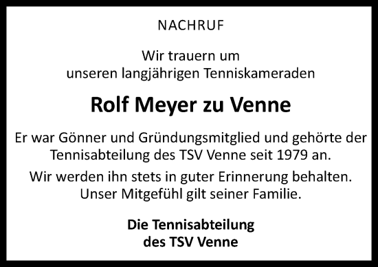 Traueranzeige von Rolf Meyer zu Venne von Neue Osnabrücker Zeitung GmbH & Co. KG