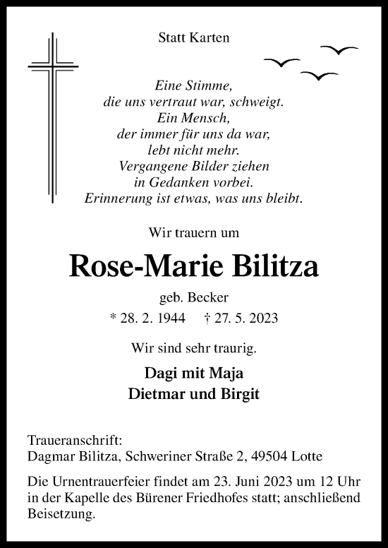 Traueranzeige von Rose-Marie Bilitza von Neue Osnabrücker Zeitung GmbH & Co. KG