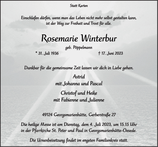 Traueranzeige von Rosemarie Winterbur von Neue Osnabrücker Zeitung GmbH & Co. KG