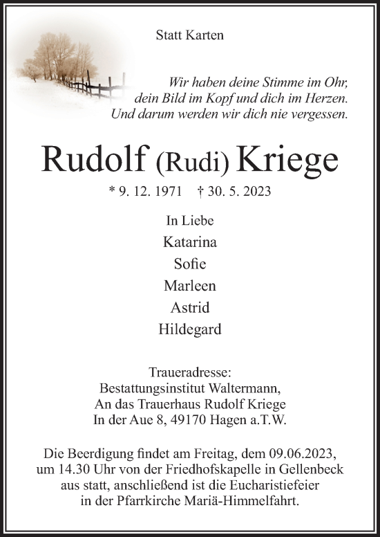 Traueranzeige von Rudolf Kriege von Neue Osnabrücker Zeitung GmbH & Co. KG