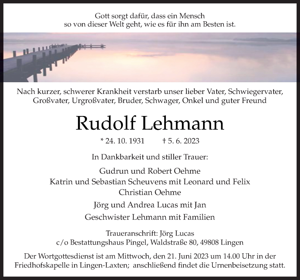  Traueranzeige für Rudolf Lehmann vom 17.06.2023 aus Neue Osnabrücker Zeitung GmbH & Co. KG