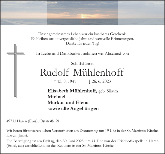 Traueranzeige von Rudolf Mühlenhoff von Neue Osnabrücker Zeitung GmbH & Co. KG