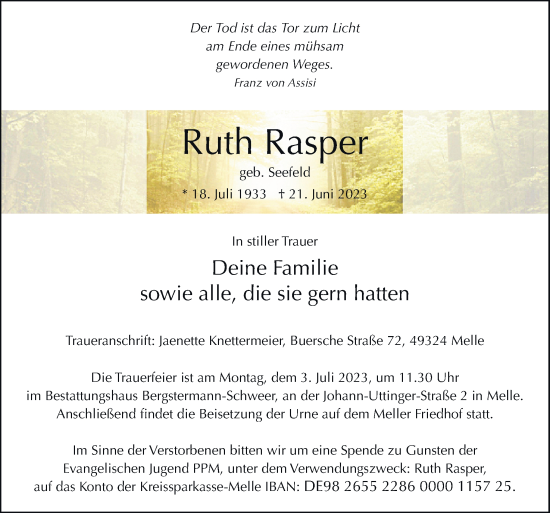 Traueranzeige von Ruth Rasper von Neue Osnabrücker Zeitung GmbH & Co. KG