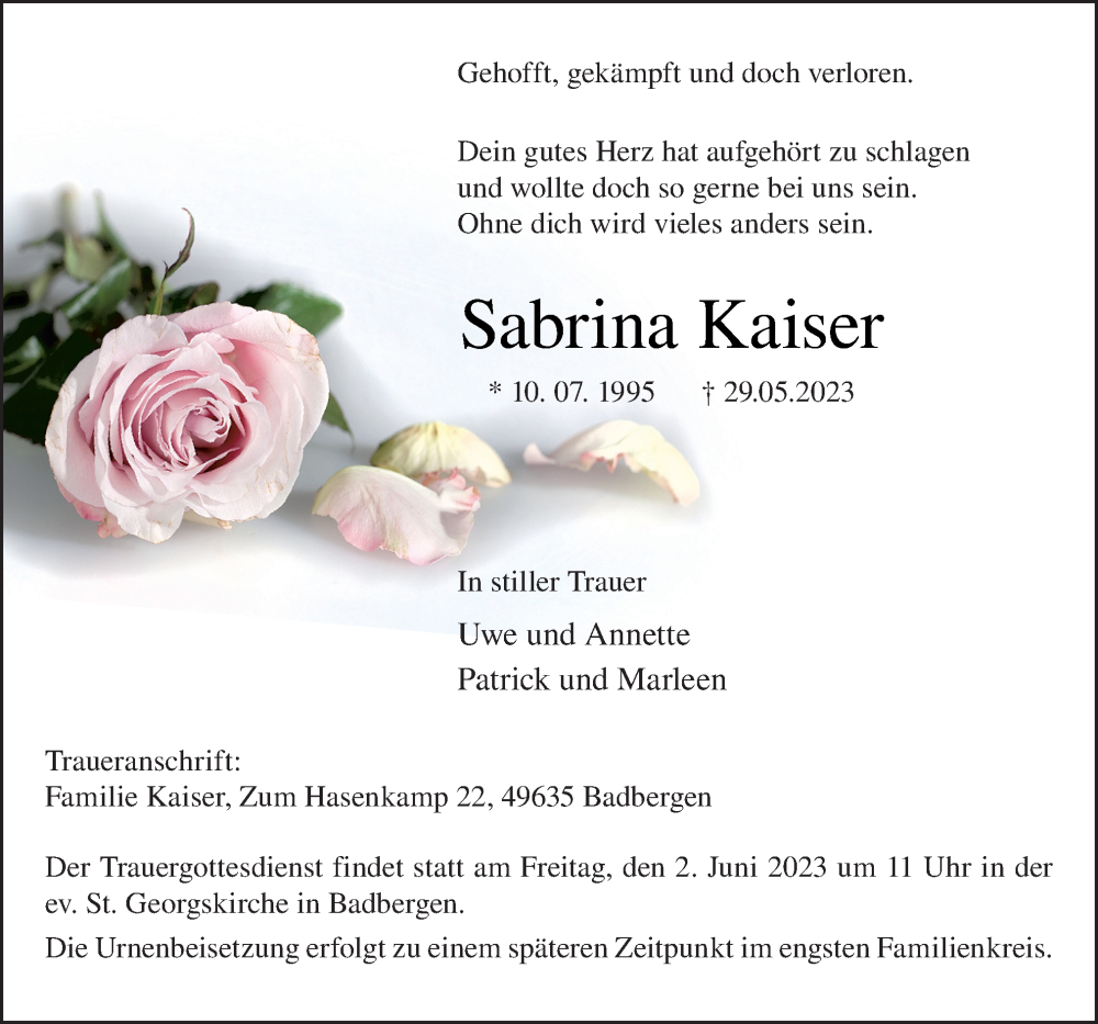  Traueranzeige für Sabrina Kaiser vom 01.06.2023 aus Neue Osnabrücker Zeitung GmbH & Co. KG