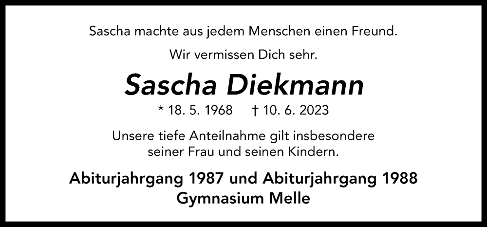  Traueranzeige für Sascha Diekmann vom 20.06.2023 aus Neue Osnabrücker Zeitung GmbH & Co. KG