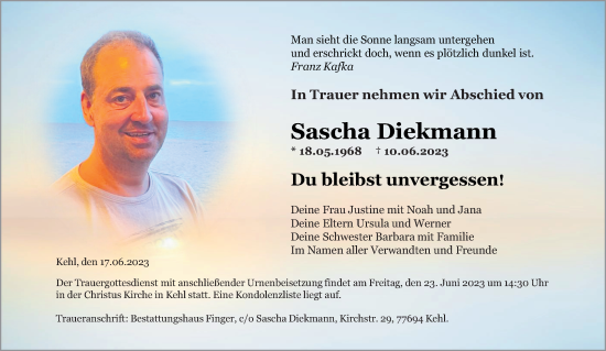 Traueranzeige von Sascha Diekmann von Neue Osnabrücker Zeitung GmbH & Co. KG