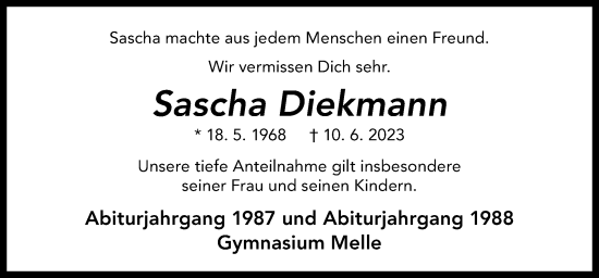Traueranzeige von Sascha Diekmann von Neue Osnabrücker Zeitung GmbH & Co. KG