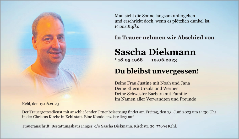  Traueranzeige für Sascha Diekmann vom 17.06.2023 aus Neue Osnabrücker Zeitung GmbH & Co. KG