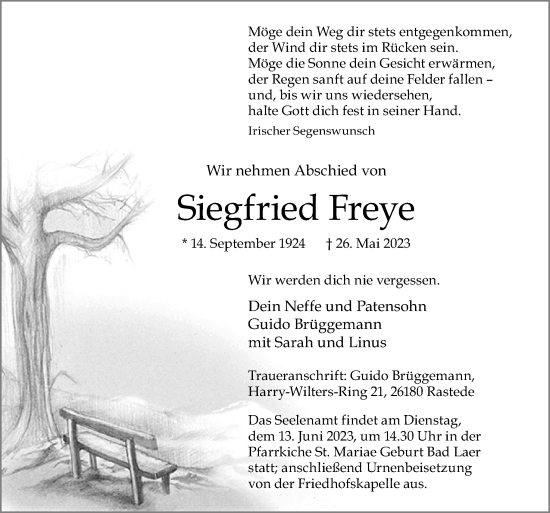 Traueranzeige von Siegfried Freye von Neue Osnabrücker Zeitung GmbH & Co. KG