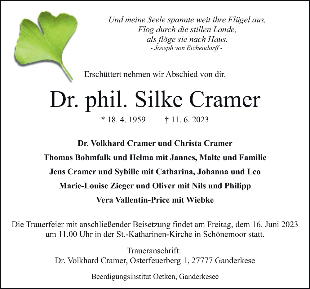  Traueranzeige für Silke Cramer vom 14.06.2023 aus DK Medien GmbH & Co. KG