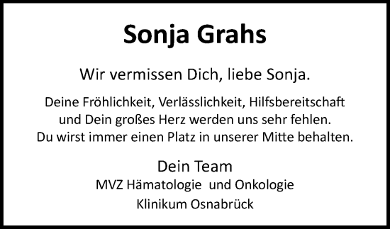 Traueranzeige von Sonja Grahs von Neue Osnabrücker Zeitung GmbH & Co. KG