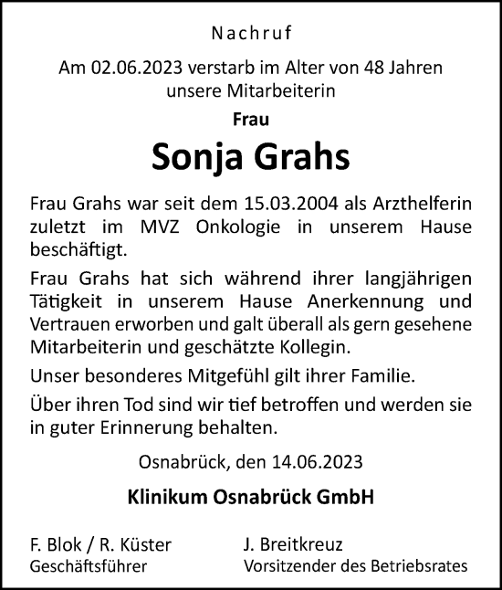 Traueranzeige von Sonja Grahs von Neue Osnabrücker Zeitung GmbH & Co. KG