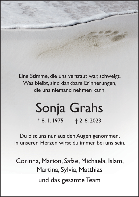 Traueranzeige von Sonja Grahs von Neue Osnabrücker Zeitung GmbH & Co. KG