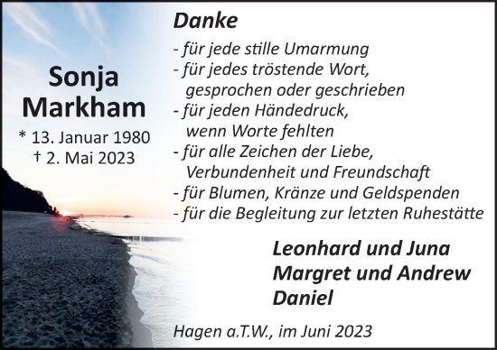 Traueranzeige von Sonja Markham von Neue Osnabrücker Zeitung GmbH & Co. KG