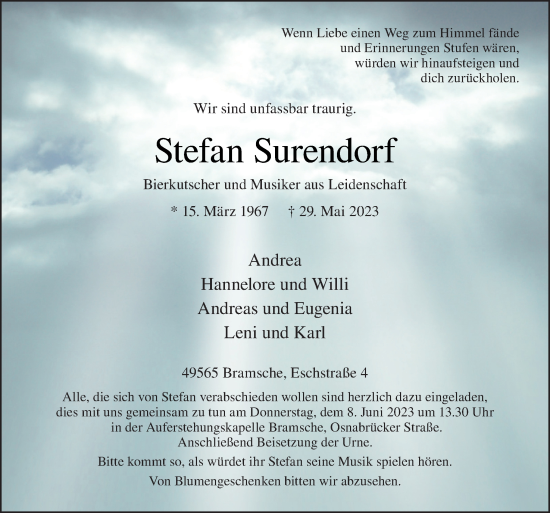 Traueranzeige von Stefan Surendorf von Neue Osnabrücker Zeitung GmbH & Co. KG