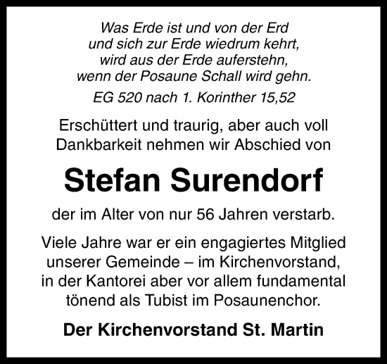 Traueranzeige von Stefan Surendorf von Neue Osnabrücker Zeitung GmbH & Co. KG