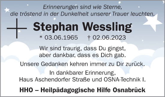 Traueranzeige von Stephan Wessling von Neue Osnabrücker Zeitung GmbH & Co. KG